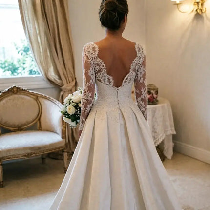 Elegant Backless Wedding Dress 2020 Vintage robe de mariée Lace Satin Long Sleeve Bride Dresses  2022 Custom Made Robe De Mariee