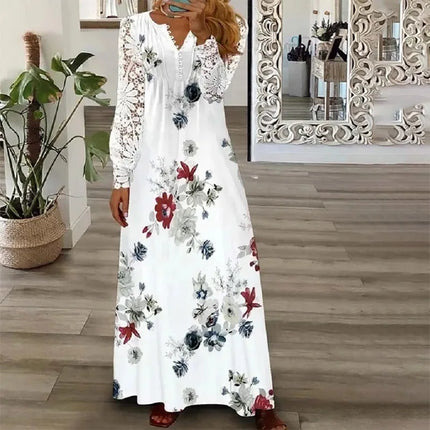 Spring/Summer Fashion Women's Long Sleeve Printed Lace Dresses Elegant Woman White V-neck Slim Fit Party Long Maxi Vestidos 3XL