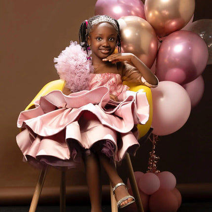 Pink Satin Girls Birthday Party Dresses Beaded Ruffles Half Sleeve Flower Girl Dresses Baby Kids Ball Gowns for Photo Shoot