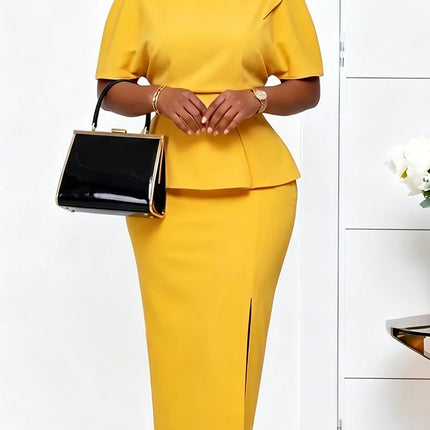 Mlaiscsr Classy Office Purple Dress for Women O Neck Short Sleeve Peplum Bodycon Midi Skirt African Church Special Occasions