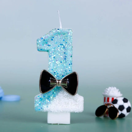 Black Bow Tie Digital Number Birthday Candles Little Boy Theme Dual-Color Design Party Cake Topper Decoration