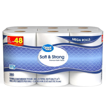 12 Mega Rolls 2‑Ply Unscented Toilet Paper, Septic‑Safe Soft & Strong Household Bath Tissue