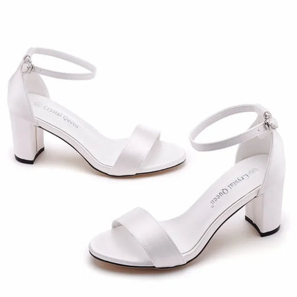 XIHAHA Woman Silk Coarse Heel Shoes Slip on Slippers for Women Fashion Shoe with Pearls Wedding Sandals Girls Asaguchi Shoes 7cm