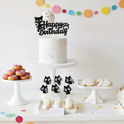Black Cat Cake Topper Happy Birthday Kids Party Oh Baby Shower Animal Them Cupcake Topper Flags Decoration Baking Supplies DIY