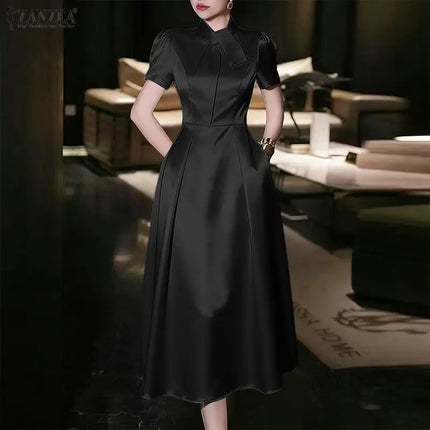 Women's Elegant Pink Satin Party Dress Tie-Neck Short Sleeves Fit and Flare A-Line Midi Dresses ZANZEA Woman Evening Robes 3XL