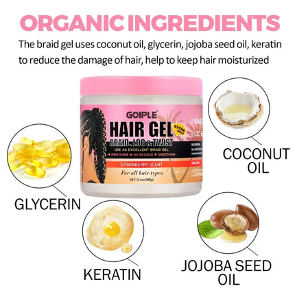Extreme Hold Hair Gel Strawberry Non-Sticky Hair Wax,All Day Styling Braid Gel for Smooth Out Edges and Frizz with Comb Nightcap
