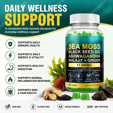 Sea Moss Black Seed Oil Ashwagandha Shilajit Gummies For Energy Boost & Immunity Digestion Stress Support, Adult, 60 Gummies