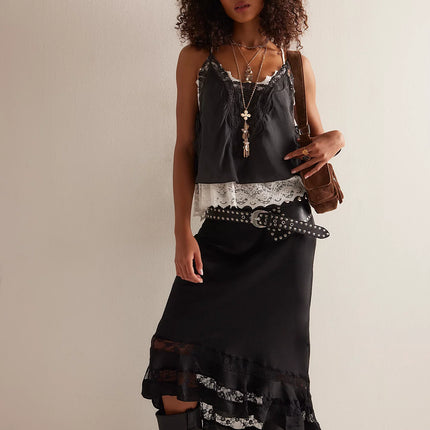Elegant Satin Ruffle Hem A-Line Long Skirt