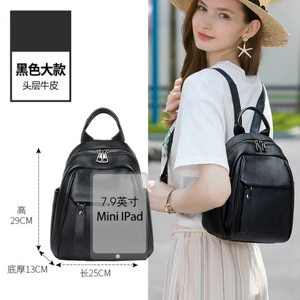 Women Black Genuine Cowhide Leather Backpack Anti Theft Hidden Zipper Casual Shoulder Bag with Front Pocket for Daily