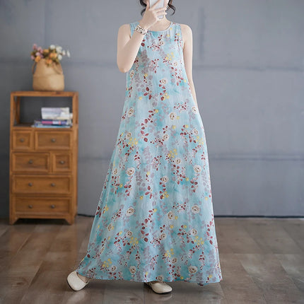 THHONE Summer Print Loose Women Robe Cotton Dress Sleeveless Casual Beach Style Long Ladies Womens Dresses Vestidos Para Mujer