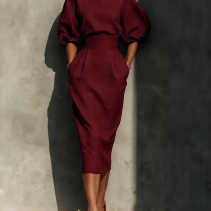Elegant Women O-neck Lantern Sleeve Pocket Midi Dress Spring Summer Fashion Solid High Waist Pleated Wrap Hip Holiday Dresses