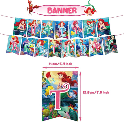 Mermaid Balloons The Little Princess Happy Birthday Banner Party Decoration Disposable Tableware Cake Topper Background Stickers