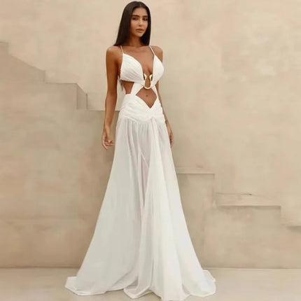 Ruched Mesh Camisole Maxi Dress Women Sexy Metal Buckle Deep V Neck Spaghetti Straps Backless Vacation Party Long Robe Beachwear