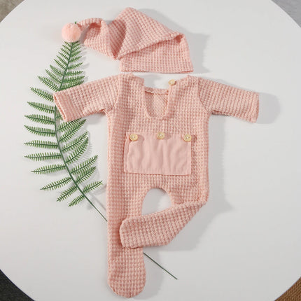 Ylsteed Newborn Photography Props Baby Bodysuits Outfit Shoot Newborn Photo Outfits Buttons Pocket Romper with Pom Sleepy Hat-HD