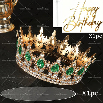 2pcs Pink Crown Birthday Cake Topper Set Gold Happy Birthday Acrylic Cake Decor Rhinestone Queen Tiara Cake Decoration for Women