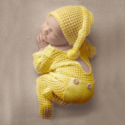 Ylsteed Newborn Photography Props Baby Bodysuits Outfit Shoot Newborn Photo Outfits Buttons Pocket Romper with Pom Sleepy Hat-HD