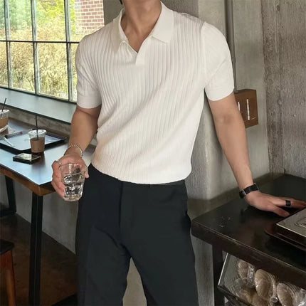 2026 Summer Breathable Knitted Short Sleeve polos homme Casual Business Striped Lapel Polo T-shirts Men's Y2K Vintage Tee Tops