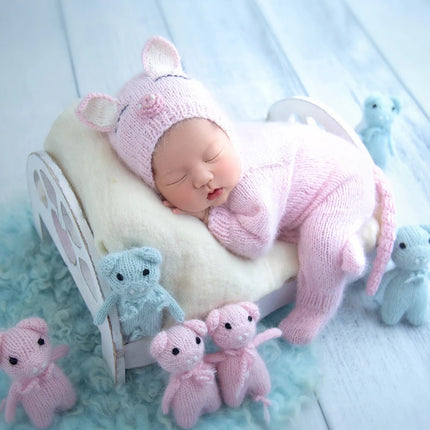Newborn Knitted Angola Fuzzy Romper Baby Animal Outfit Photography Props Baby Cartoon Wolf Footed Overall Sets Photo Props