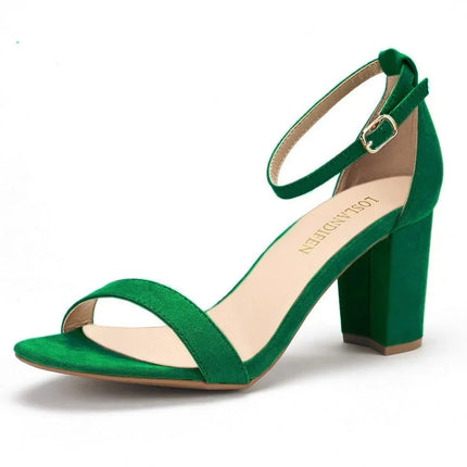 LOSLANDIFEN Women High Heels Sandals Women New Summer Shoes Woman Fashion Buckle Strap Square Heel Flock White Open Toe Sandals