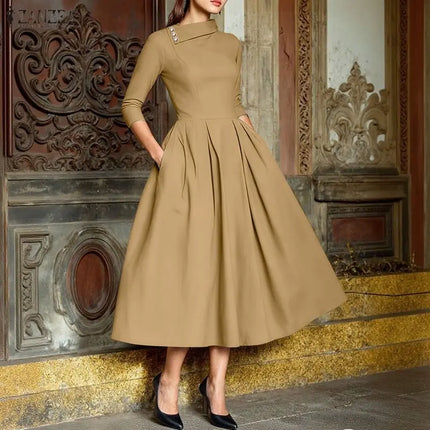 ZANZEA Women Elegant Long Dresses Summer Spring Casual A-Line Vestidos Fashion Buttons Lapel Solid Midi Sundress Streetwear OL