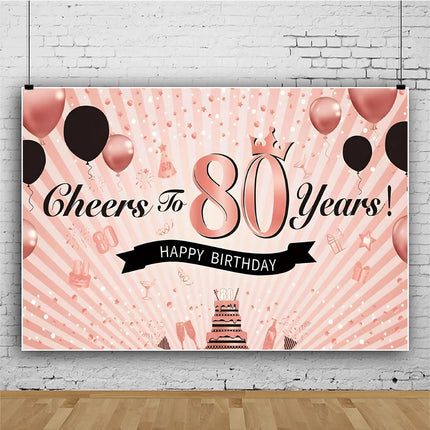 Rose Gold 80s Themed Banner Photography Background Cloth, Pink 80th Birthday Happy Party Decoration Photography Studio Backdrop