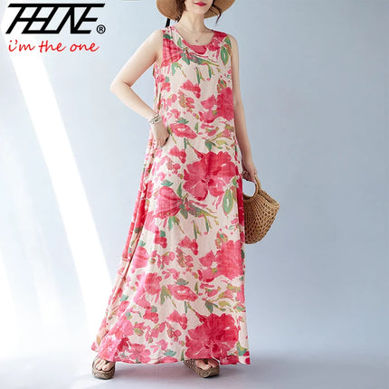 THHONE Summer Print Loose Women Robe Cotton Dress Sleeveless Casual Beach Style Long Ladies Womens Dresses Vestidos Para Mujer