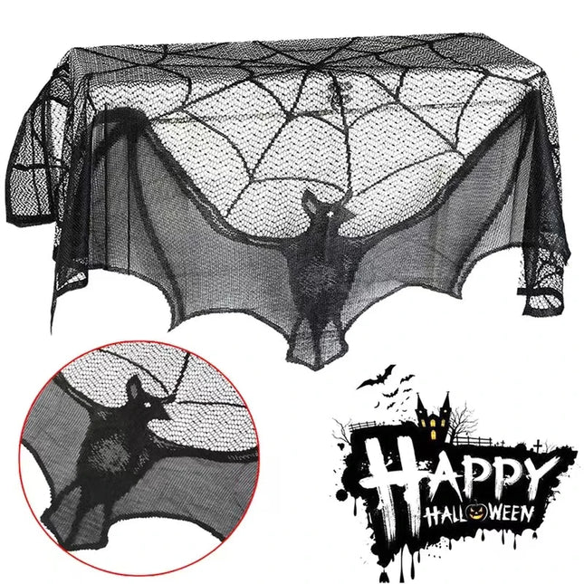 Clearance_1pc Halloween Lace Curtain Black Bat Spider Tablecloth Fireplace Mantel Scarf Cover Halloween Home Room Cobweb Horror