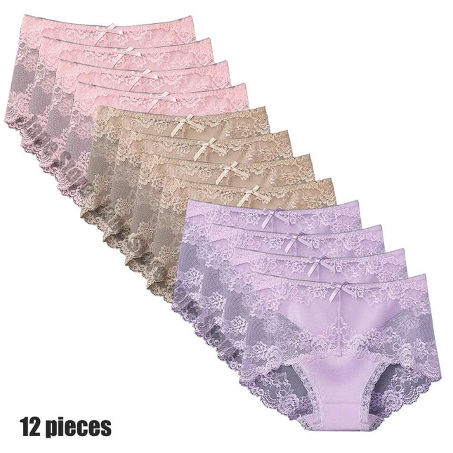 12 Pieces Women's Underwear Sexy Lace Panties Female Underpants  Comfy Elegant Briefs Transparent Light Breathable Lingerie