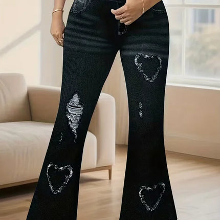 Retro Plus Size Flare Pants, Y2K Heart Print Bell Bottom Leggings, High Waist Stretchy Chic Trousers for Streetwear