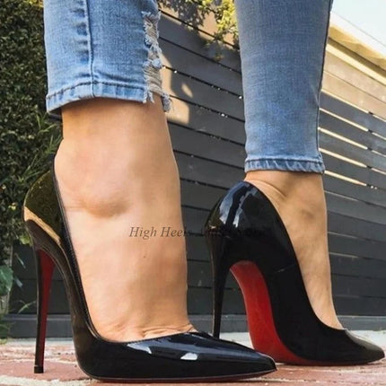 Nude Patent Leather Stilettos High Heels Red/Black Pointed Toe 8/10/12CM Big Size Pumps Luxury Designer Chic Party Shoes