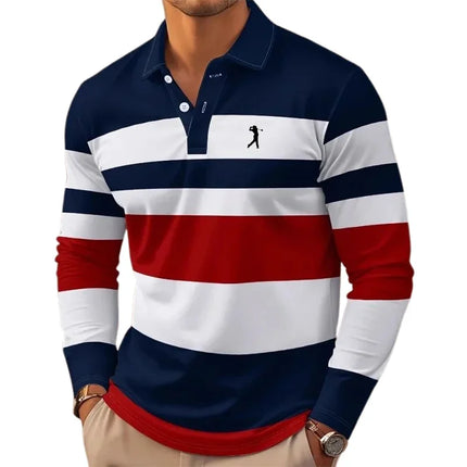 Men's striped rugby polo long-sleeved collar shirt casual school outdoor sports casual 3d printing spring, autumn and winter