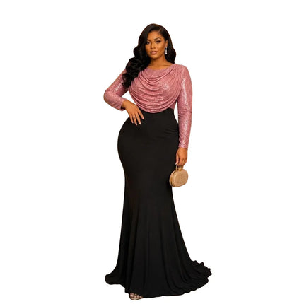 Women Sequin Long Sleeve Maxi Dress Pink Cowl Neck Draped Top Black Mermaid Skirt Bodycon Dresses Evening Wedding Guest Formal