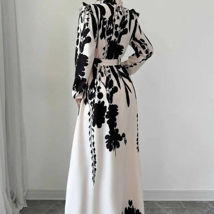 Dresses For Women Black And White Flowers Print Long Sleeve Ruffled Collar Elegant Dress Lace Up A-Line Dress 2026 Spring New