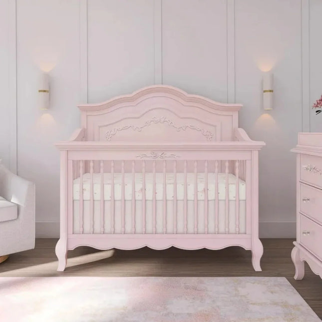 5-in-1 Convertible Full-Size Baby Crib in Dusty Rose, 3 Mattress Heights, Ribbon Bow Scrollwork & Queen Anne Feet