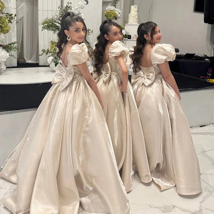 Satin Custom Flower Girl Dress for Wedding Puff Sleeve With Bow Floor Lenght Ball Gown Kids Birthday First Communion Ball Gown