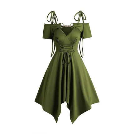 Women Black Dresses Cold Shoulder Lace Up Asymmetric Dress Tie Knot Shoulder Chain Solid Color Short Sleeve Dress