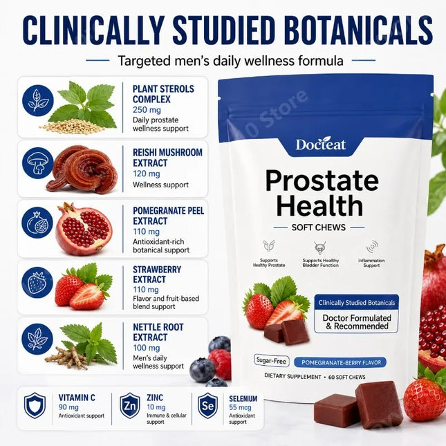 Docteat Prostate Health Soft Chews Sugar-Free with Vitamin C Zinc and Selenium for Immune System Balance 60 Soft Chews
