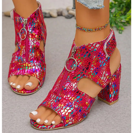 Summer Fashion Fishmouth High Heels Hollow Out Zipper Back Breathable Large Size Trendy Women's Sandals Roman Style PU Leather
