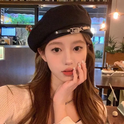 Retro Metal Buckle Retro Beret Cap Solid Color Warm Women Beret Face Little Beanie Cap Women Girls Wear