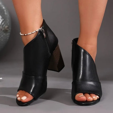 Women's Round Toe Open Toe Zipper Non-Slip Wear-Resistant Sandals Block Heel Side Empty Heels