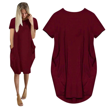 Plus Size Women Short Sleeve O-Neck Loose Casual Dresses Casual Short Sleeve Shirt Mini Dresses Round Neck Pockets Sexy Female T