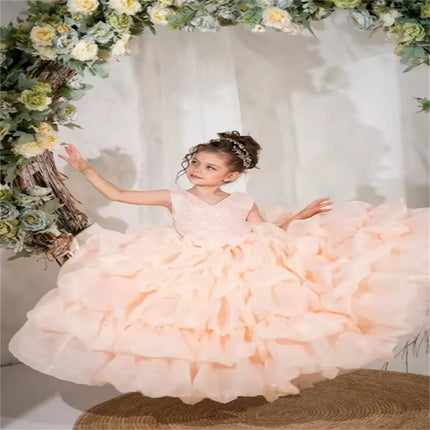 Customized Pink Flower Girl Dress For Wedding Layered Puffy Pearls Sequined Baby Kids Birthday Party First Communion Gowns