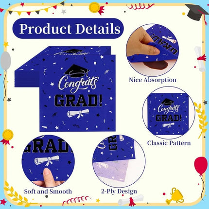50 PCS Blue Grad Napkins 6.5in, Congrats Disposable Paper for Party Table