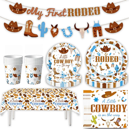 A Little Cowboy Baby Shower Decor Set, My First Rodeo Western Themed Disposable Tableware Kit for Boys 1st Birthday Party