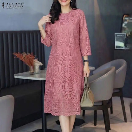 2026 ZANZEA Women 3/4 Sleeve Lace Patchwork Sundress Spring Summer Dress Elegant Work Dresses Stylish A Line Party Vestido Robe