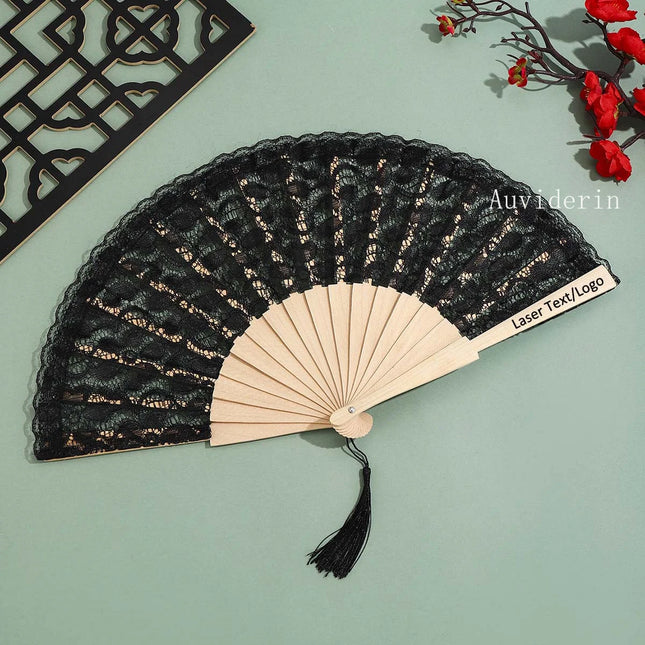 10/30pcs Exquisite Lace Wooden Folding Hand Fans Personalize Engrave Text Logo on Wood for Dancing & Wedding Party Home Decor