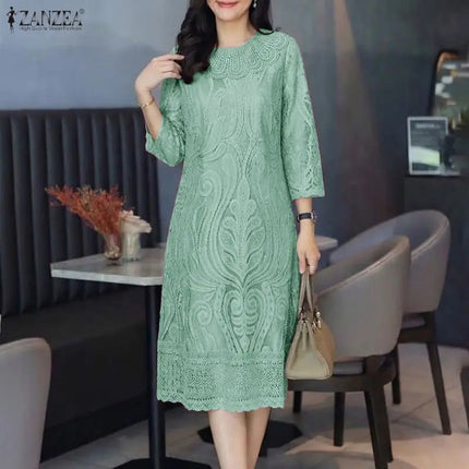 2026 ZANZEA Women 3/4 Sleeve Lace Patchwork Sundress Spring Summer Dress Elegant Work Dresses Stylish A Line Party Vestido Robe