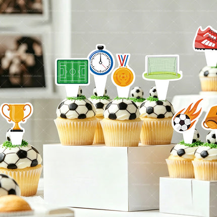 24Pcs Soccer Themed Happy Birthday Cupcake Toppers - Football Trophy Design Cake Decorations for Sports Birthday Party Supplies