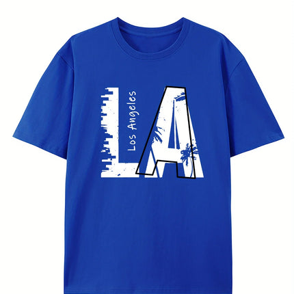Men's summer 100 cotton fashionable casual loose plus size Los Angeles letter printed sports round neck short sleeved T-shirt