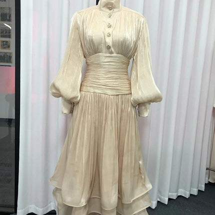 TWOTWINSTYLE Solid Spliced Metal Buttons Temperament Long Dresses for Women High Neck Long Sleeves Patchwork Folds Dress Female